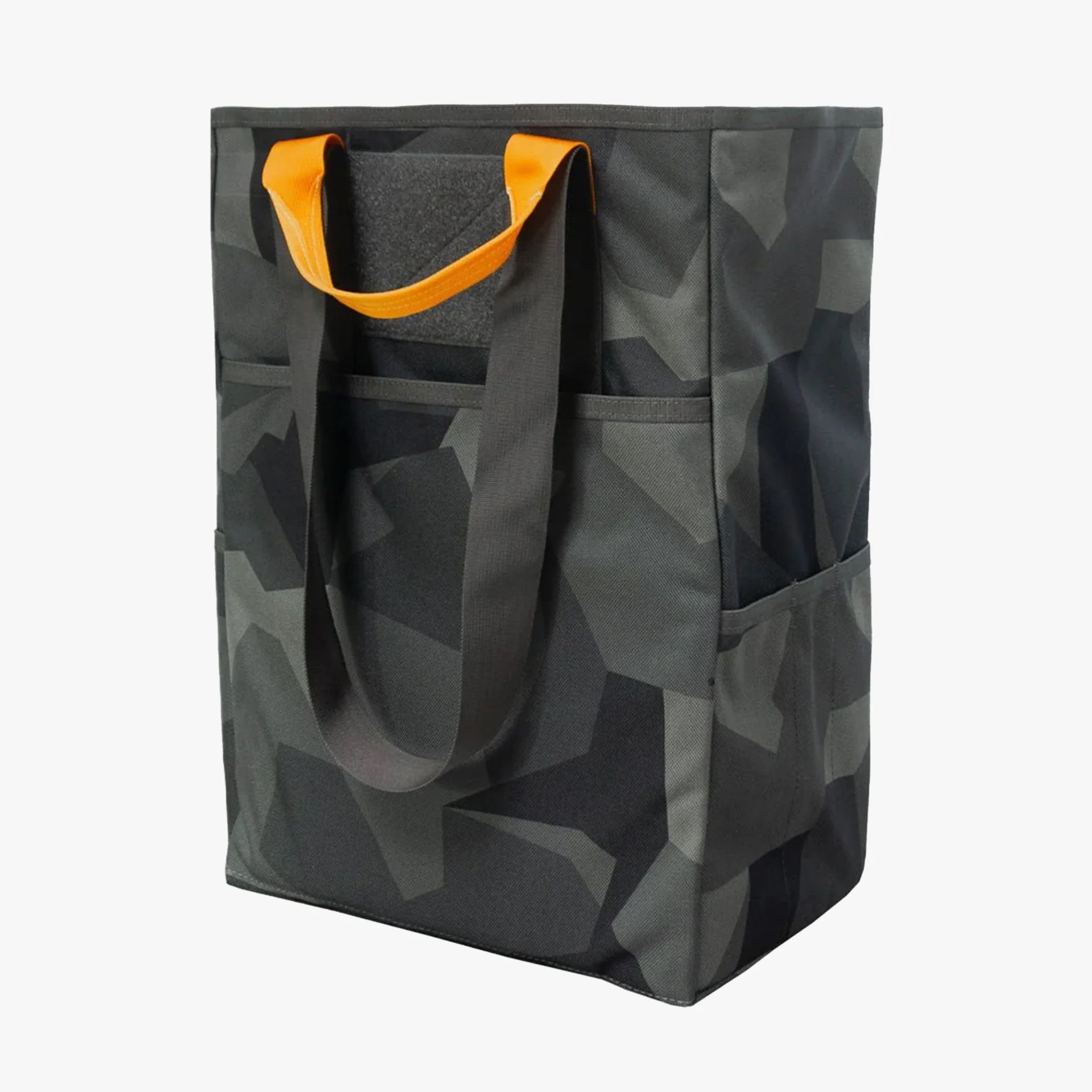 Dark gray geometric-patterned tote bag with black handles and orange accent straps.