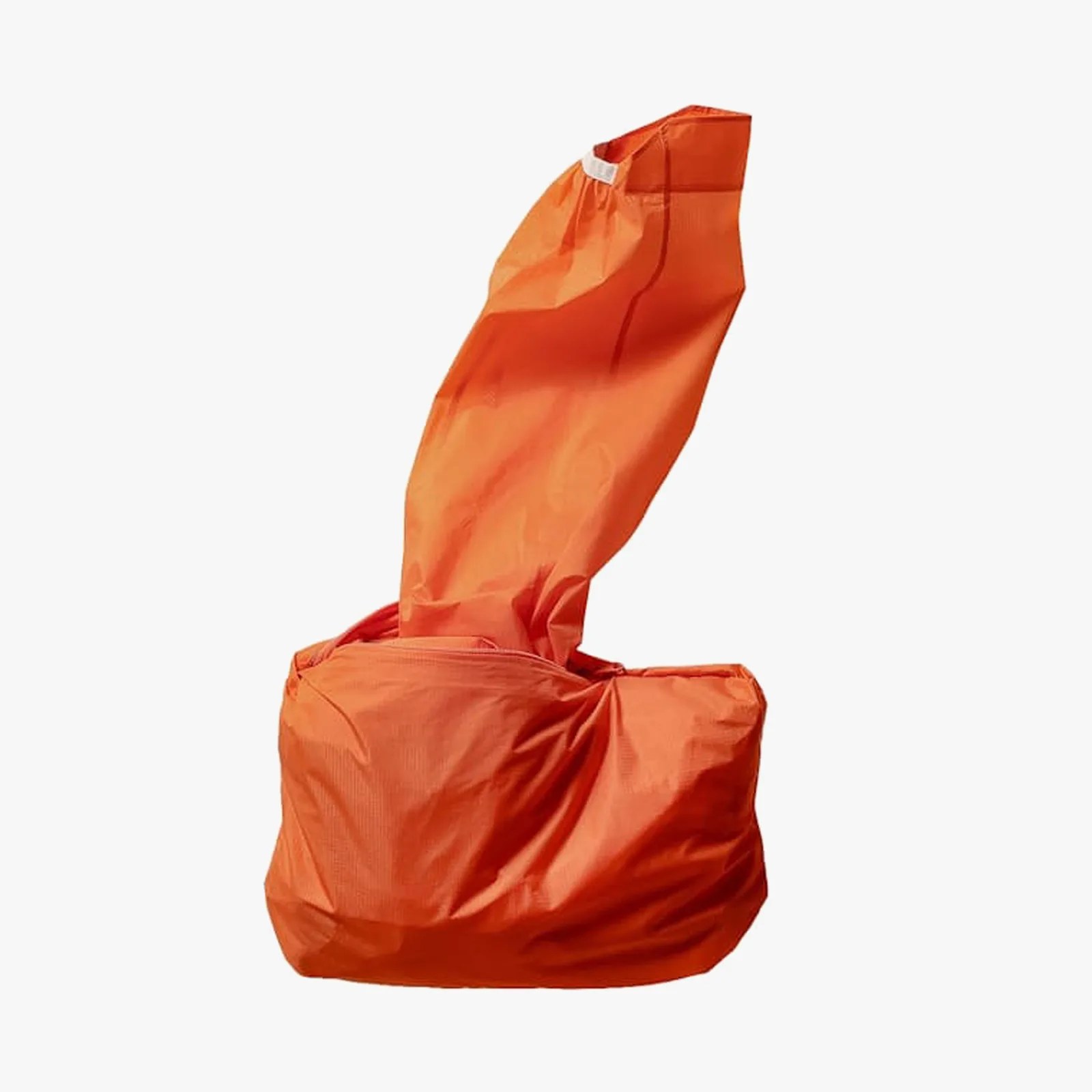 Orange reusable shopping bag with a long handle pulled out.