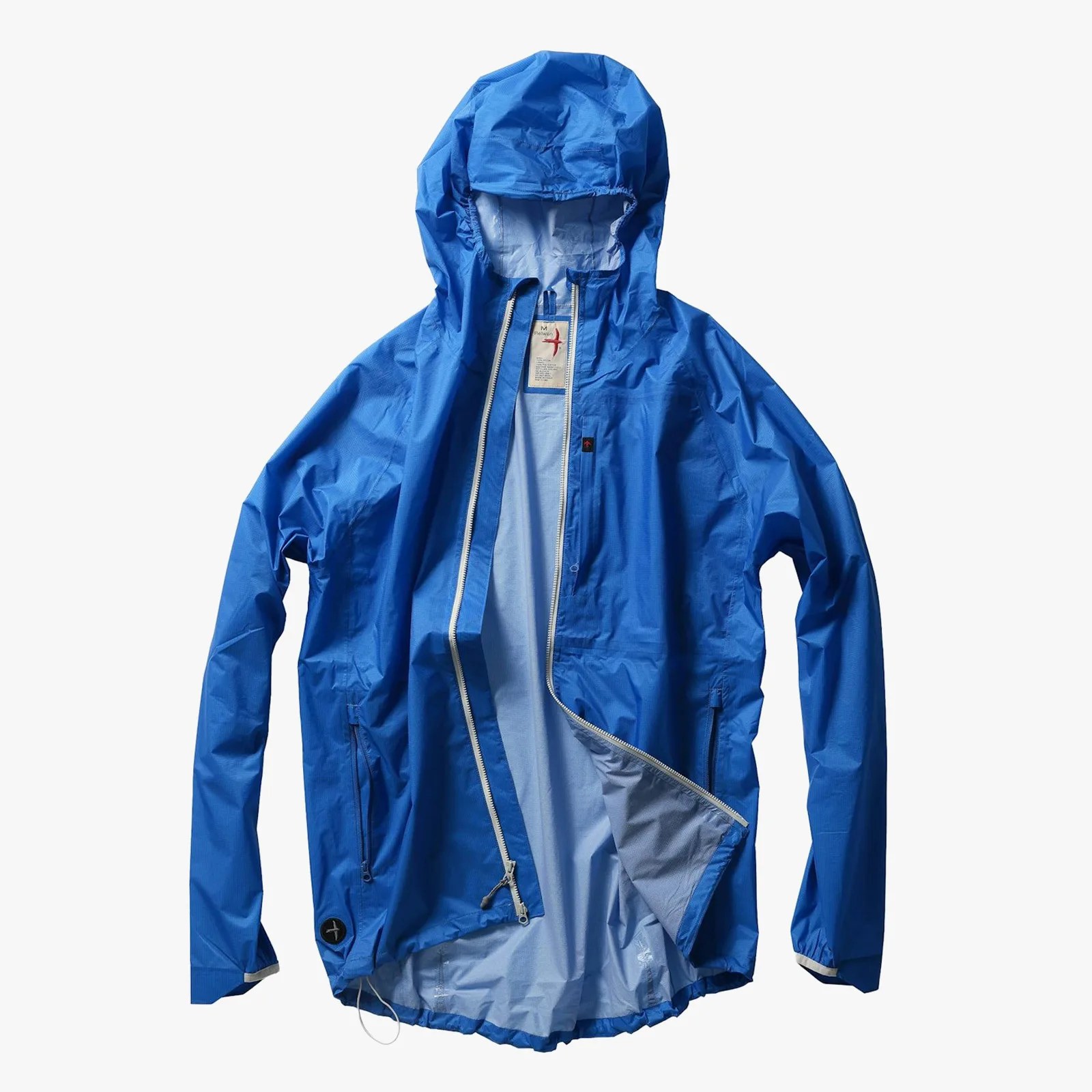 Blue lightweight hooded rain jacket with front zipper partially open showing light blue lining.