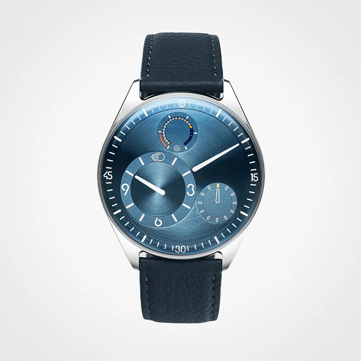 Round silver watch with a blue sunburst dial, three subdials, and a dark blue leather strap.