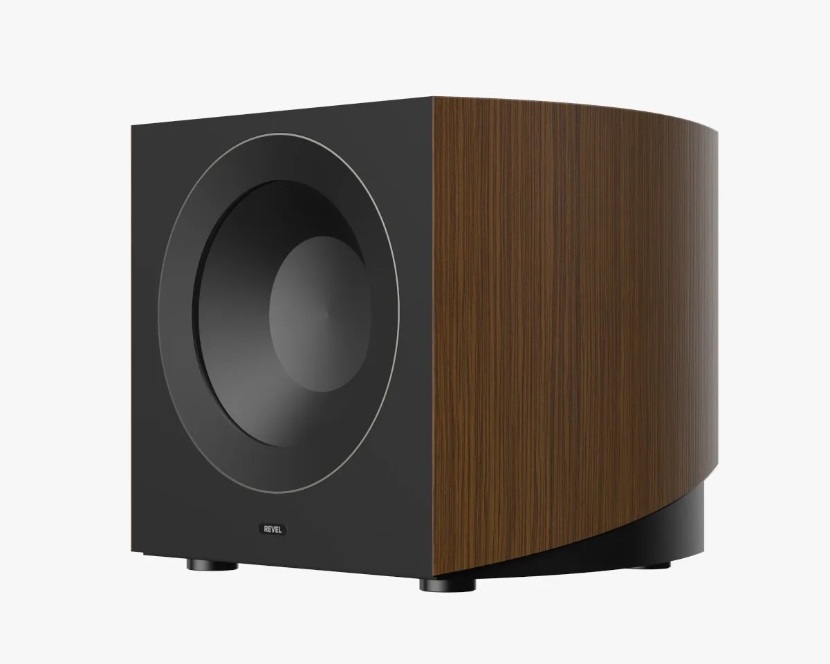 Black and walnut wood curved subwoofer speaker with a large front driver and small feet.