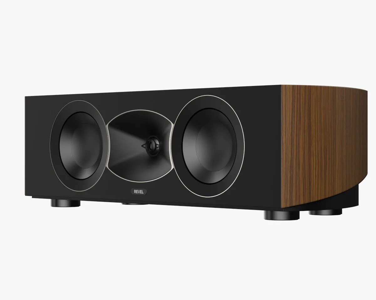 Black and wood-finish Revel center channel speaker with dual drivers and a central tweeter.