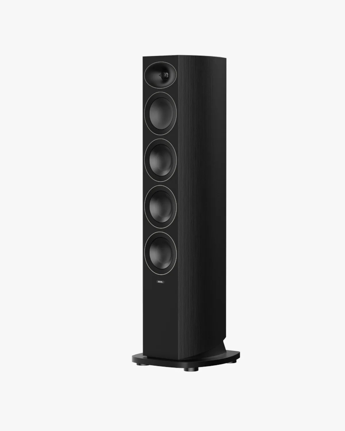 Tall black floor-standing speaker with four circular drivers and a curved base.