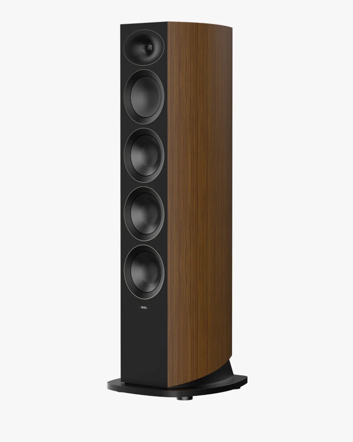 Tall floor-standing speaker with four black drivers and a curved walnut wood finish on the sides.