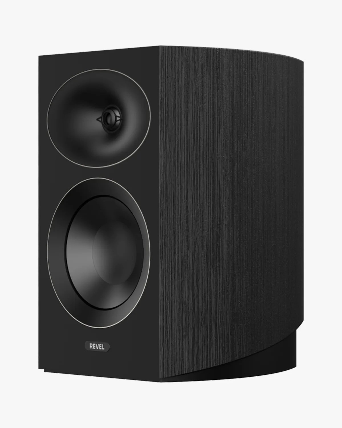 Black Revel bookshelf speaker with wood grain finish and curved side panel.