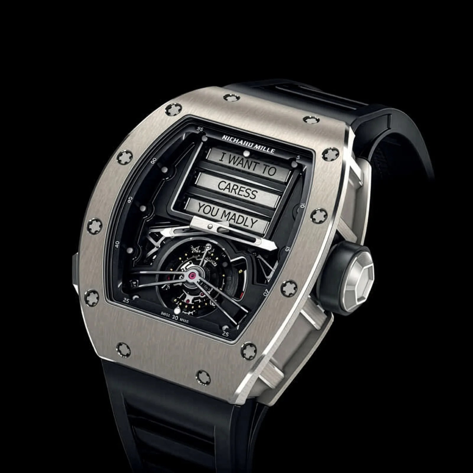 Silver Richard Mille watch with black strap and rotating text display reading "I WANT TO CARESS YOU MADLY" on the dial.
