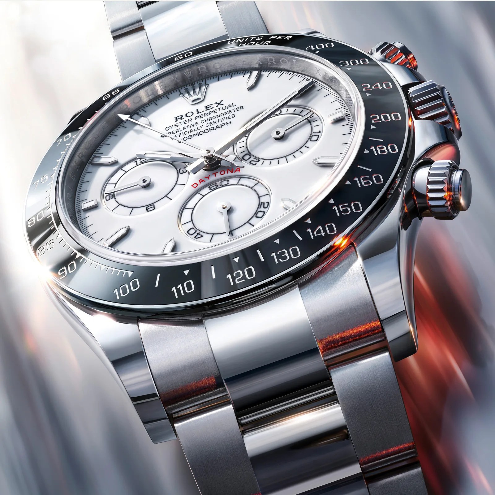 Rolex Oyster Perpetual Cosmograph Daytona watch with a white dial, black ceramic bezel, and stainless steel bracelet.