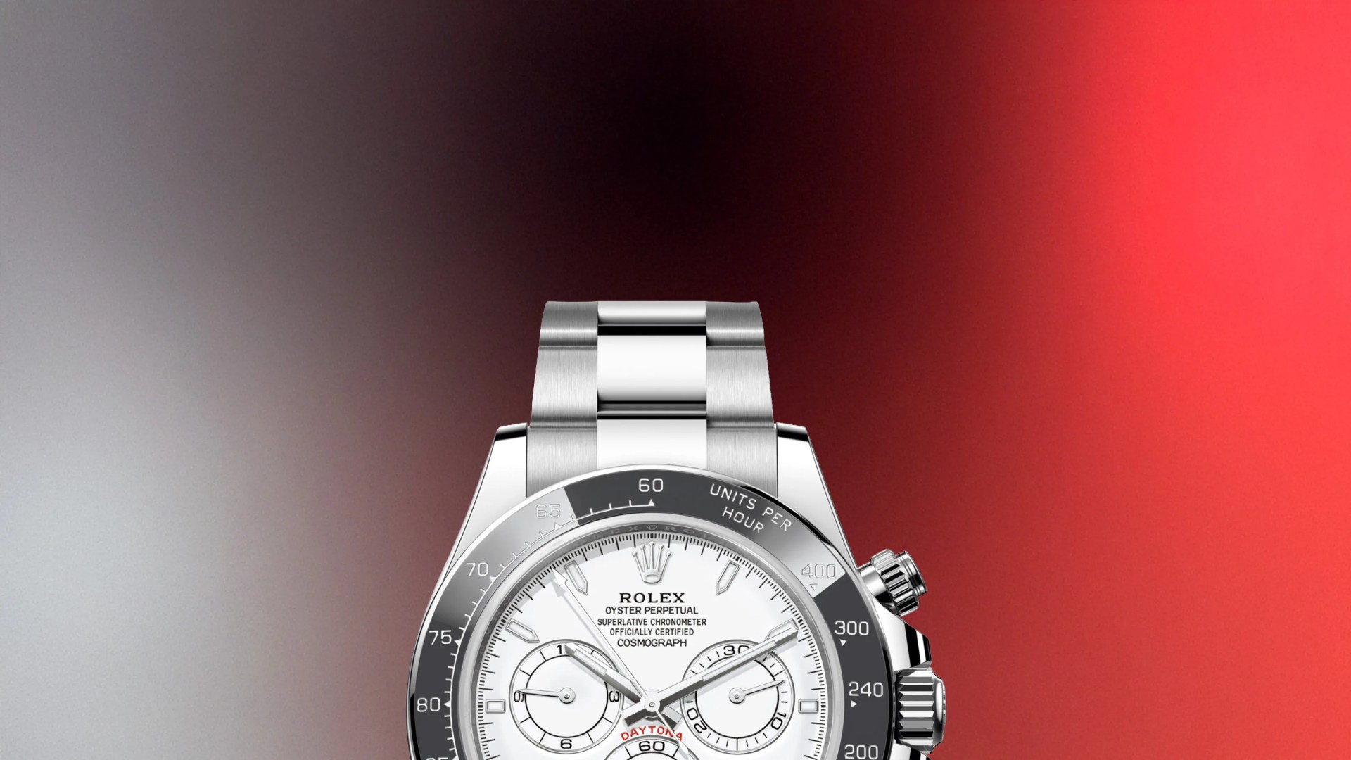 Rolex Oyster Perpetual Cosmograph Daytona watch with white dial and stainless steel bracelet against a gradient red and black background.