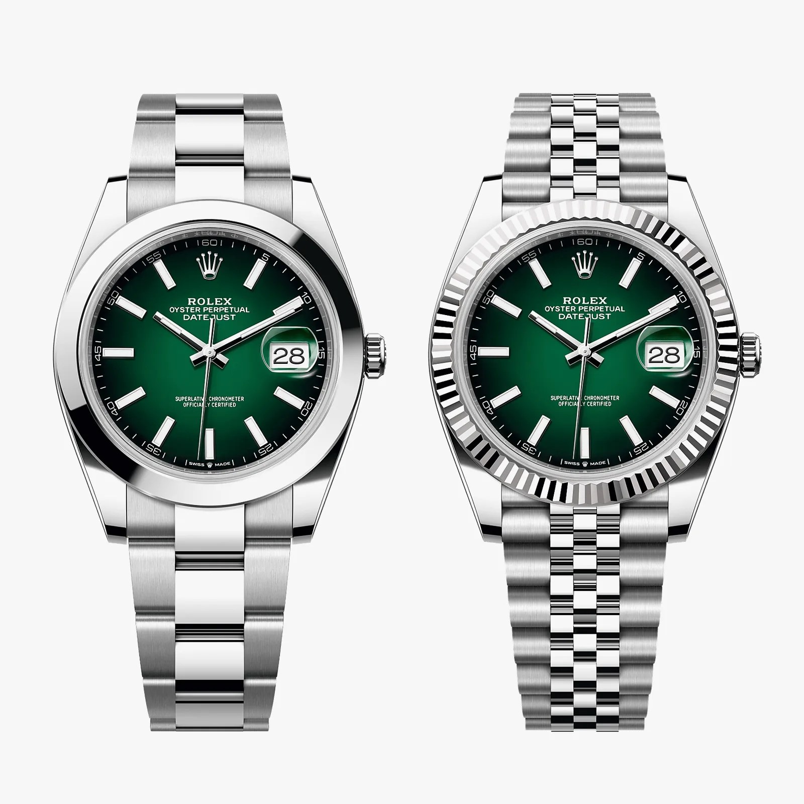 Two Rolex Oyster Perpetual Datejust watches with green dials, silver hour markers, and date windows at 3 o'clock, one with a smooth bezel and oyster bracelet, the other with a fluted bezel and jubilee bracelet.