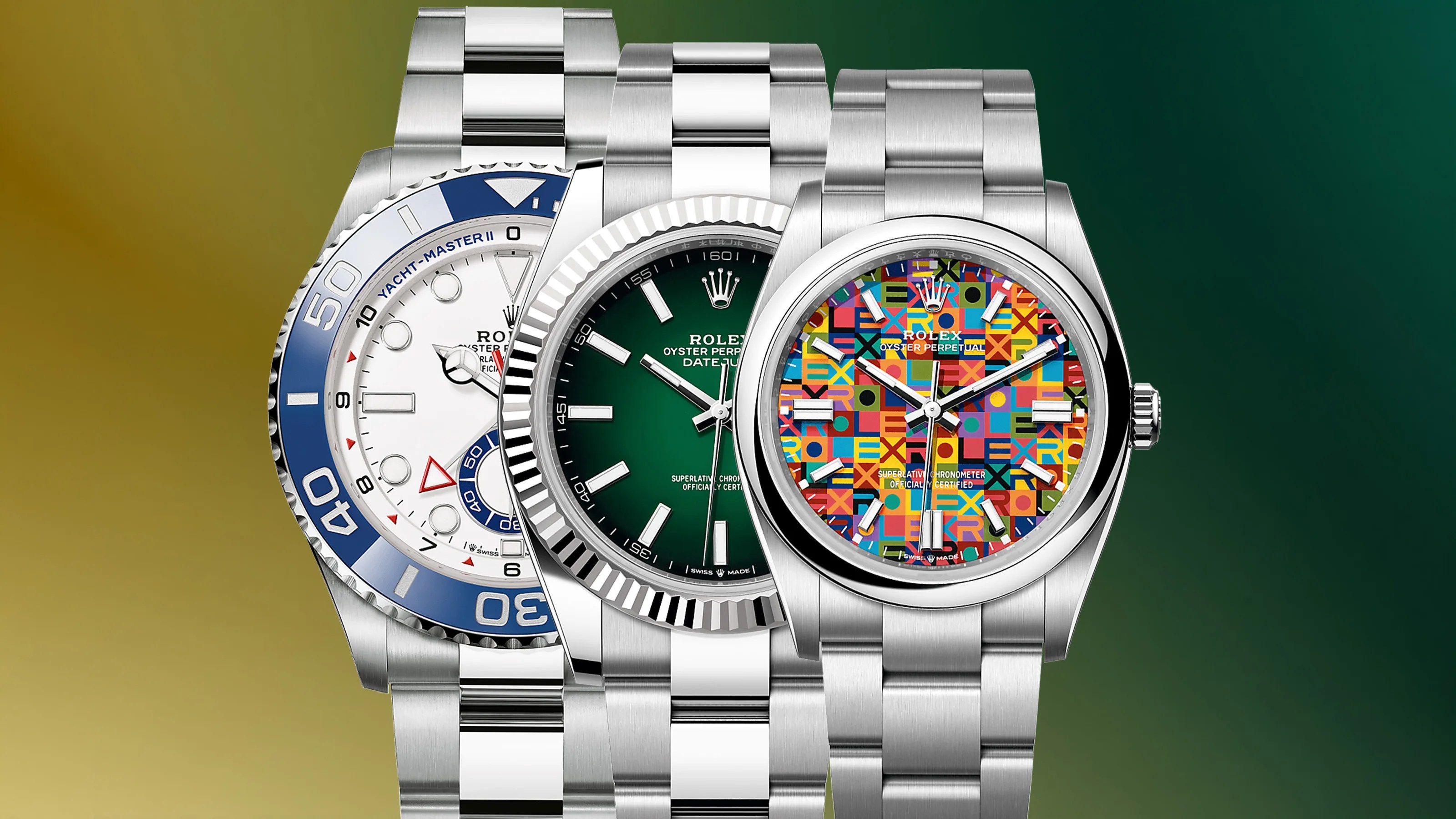Three Rolex watches with stainless steel bracelets, featuring a white and blue Yacht-Master II, a green Datejust with a fluted bezel, and a colorful patterned Oyster Perpetual.