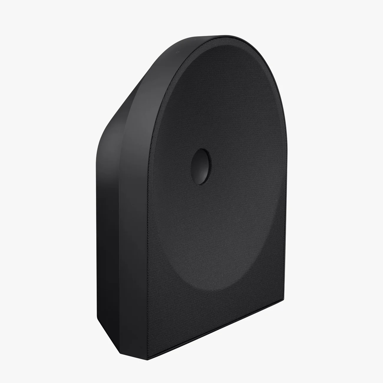 Black modern speaker with a rounded top and mesh front grille.