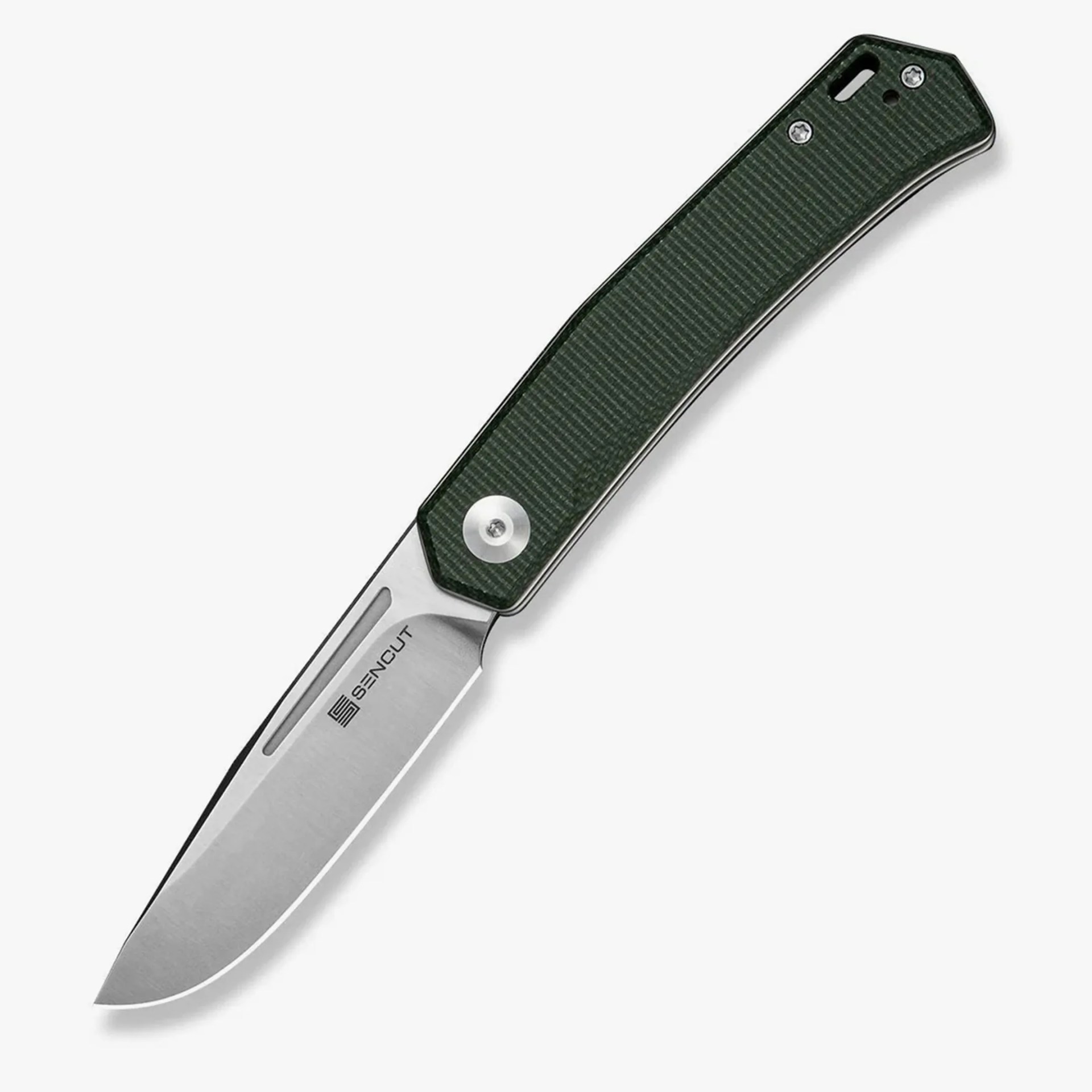 Folding knife with a silver blade and dark green textured handle.