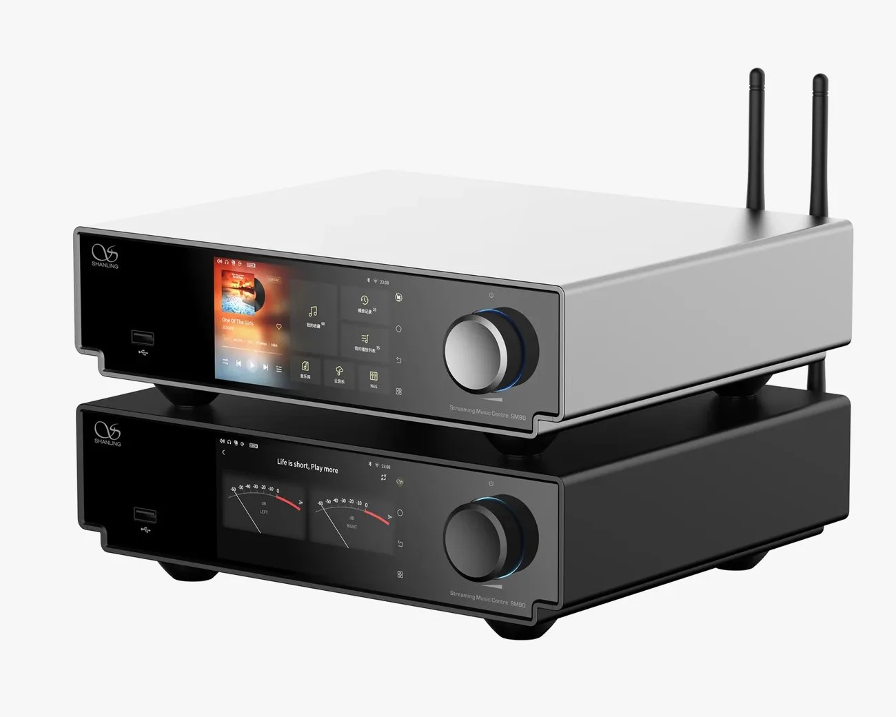 Two Shanling SM90 streaming music centers stacked, one in silver and one in black, each with a display screen and a large volume knob.