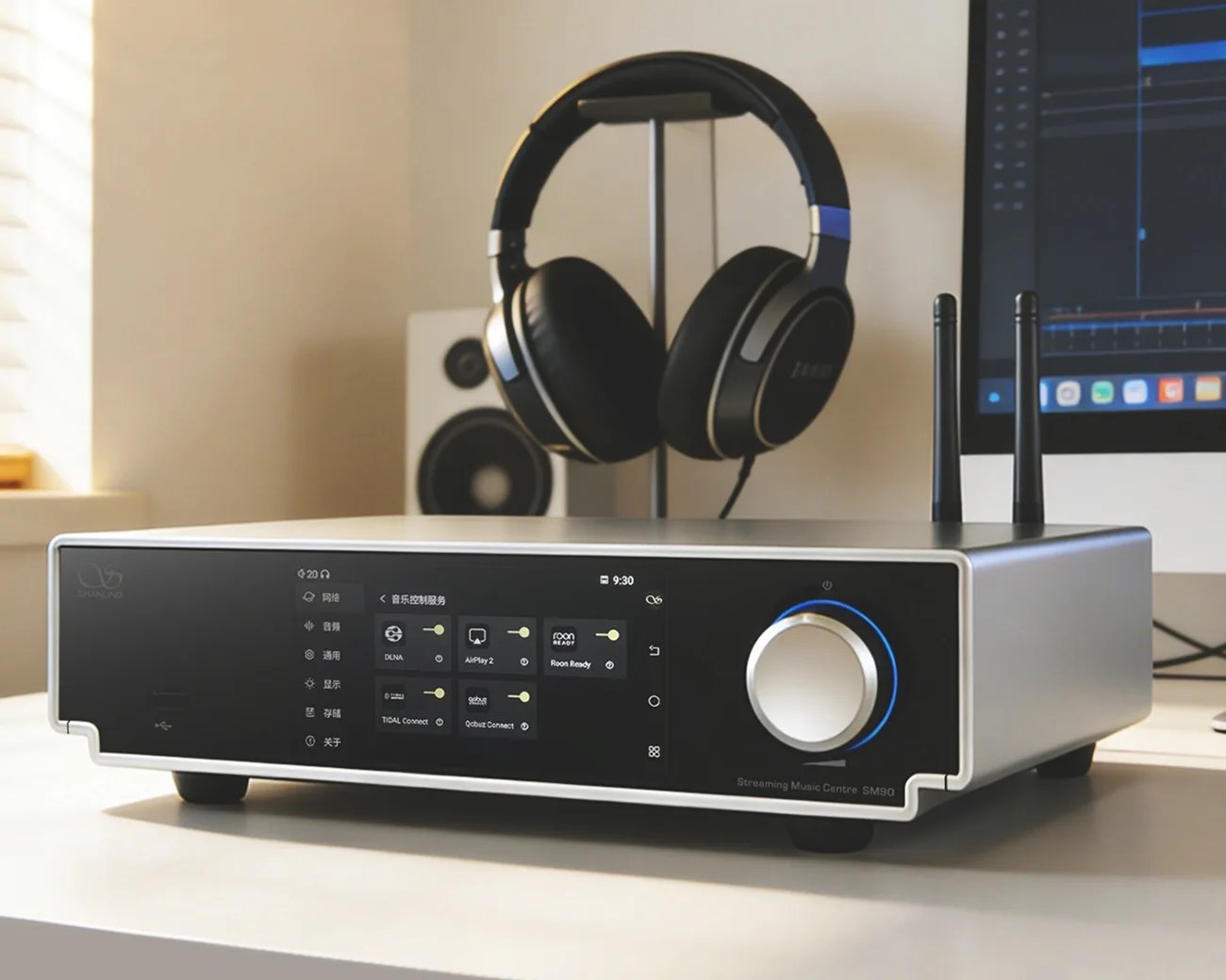 Silver and black streaming music center SM90 with touchscreen and large volume knob on a desk with black headphones on a stand behind it.
