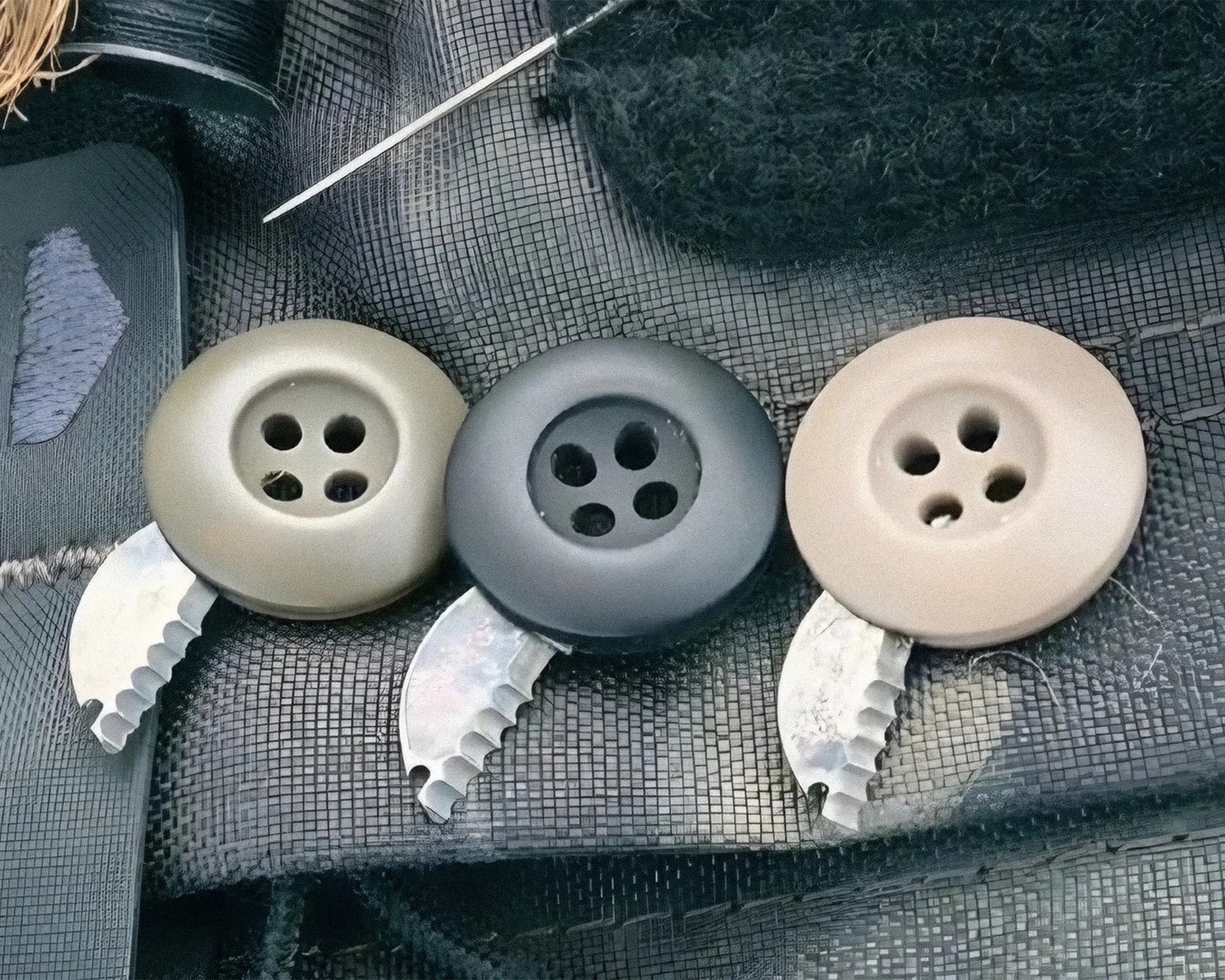 Three round buttons in beige, black, and light brown with attached serrated metal blades on a textured black surface.