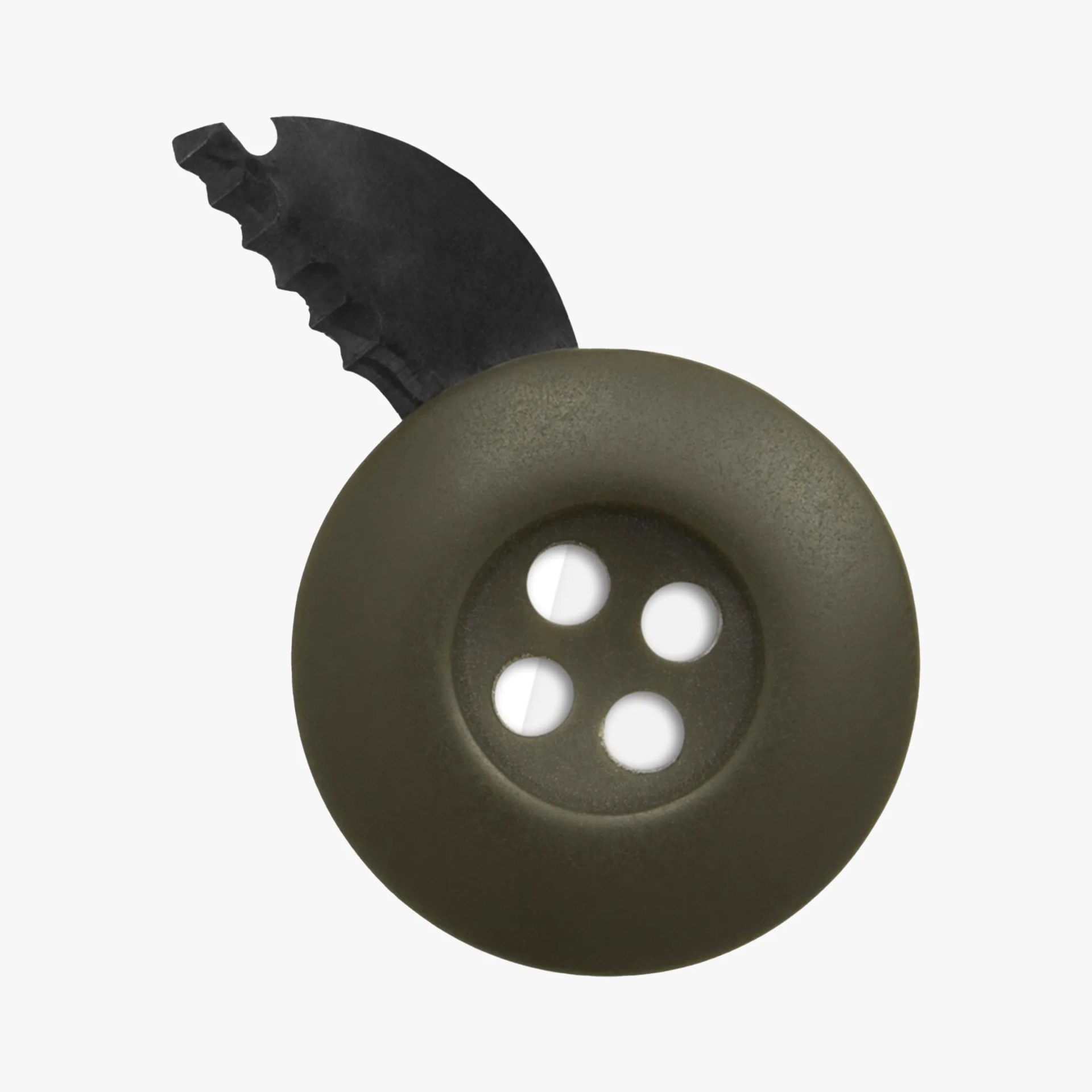 Round olive green button with four holes and a partially visible black serrated blade attached.