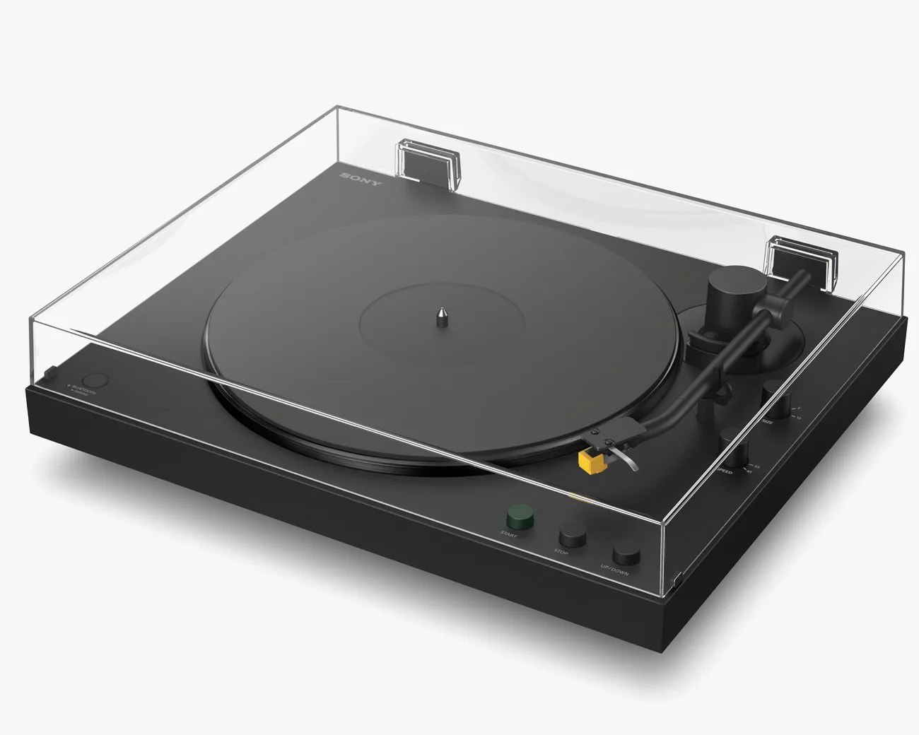 Black Sony turntable with clear dust cover and yellow cartridge on tonearm.