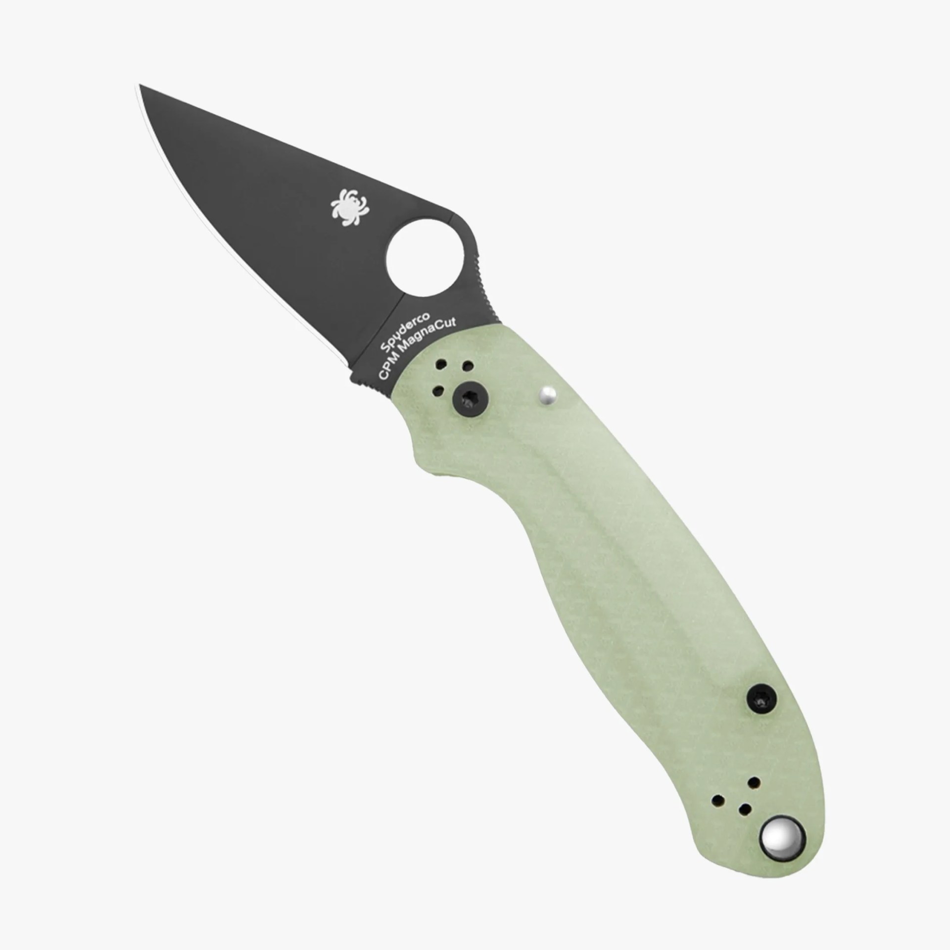 Folding knife with black blade and light green textured handle, featuring a circular thumb hole and Spyderco logo.