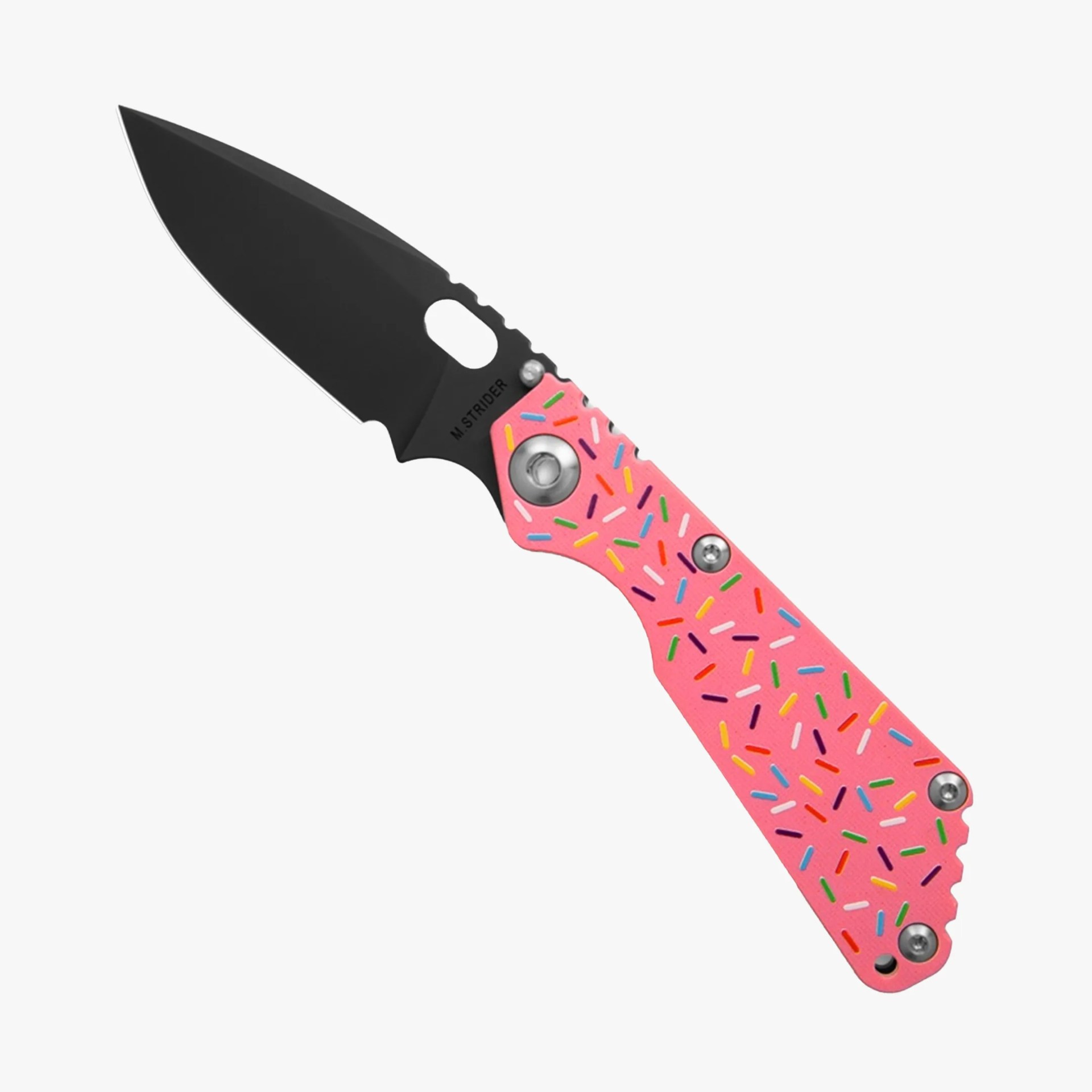 Black blade folding knife with pink handle decorated with colorful sprinkles pattern.