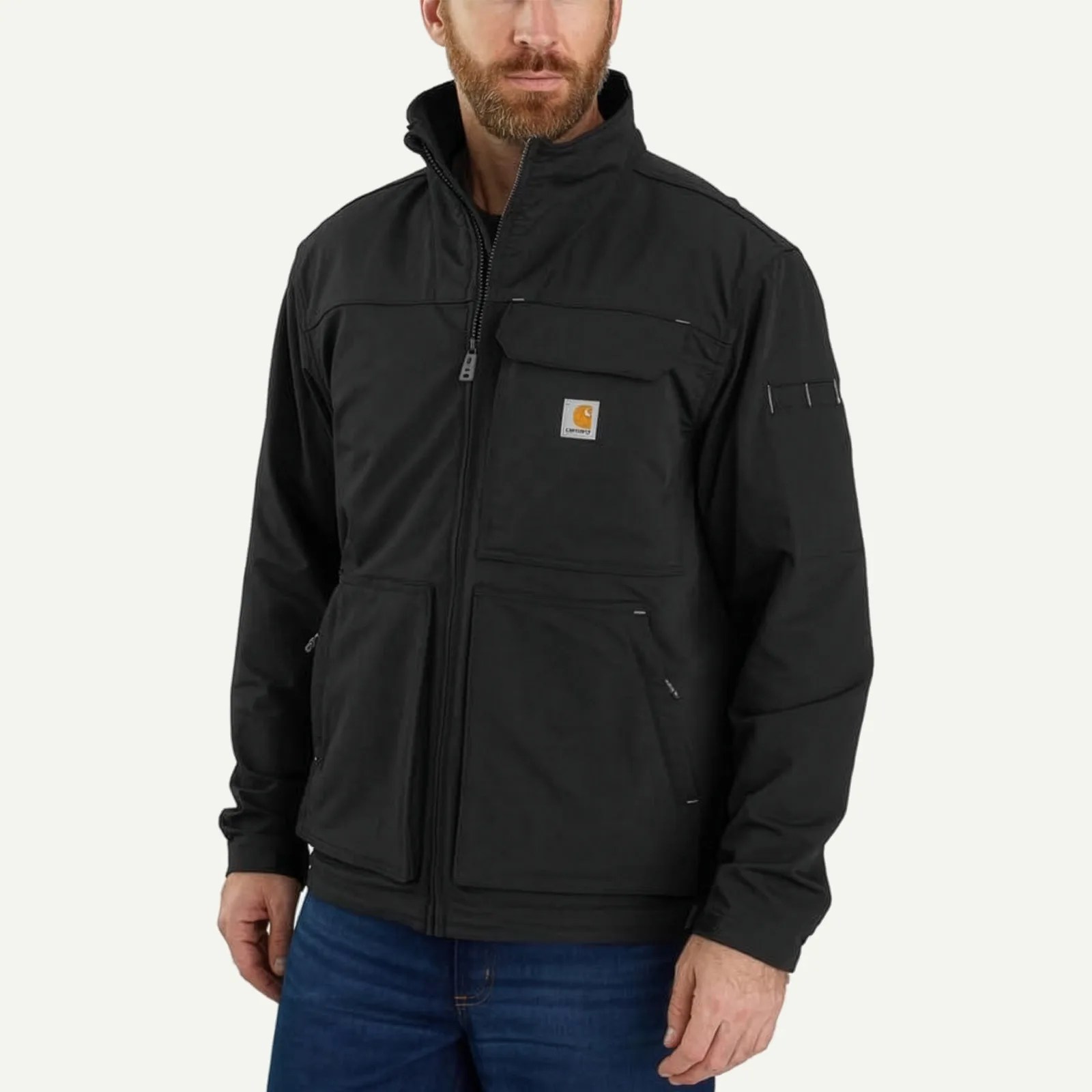 Black zip-up work jacket with multiple front pockets and a small logo patch on the chest worn by a person.