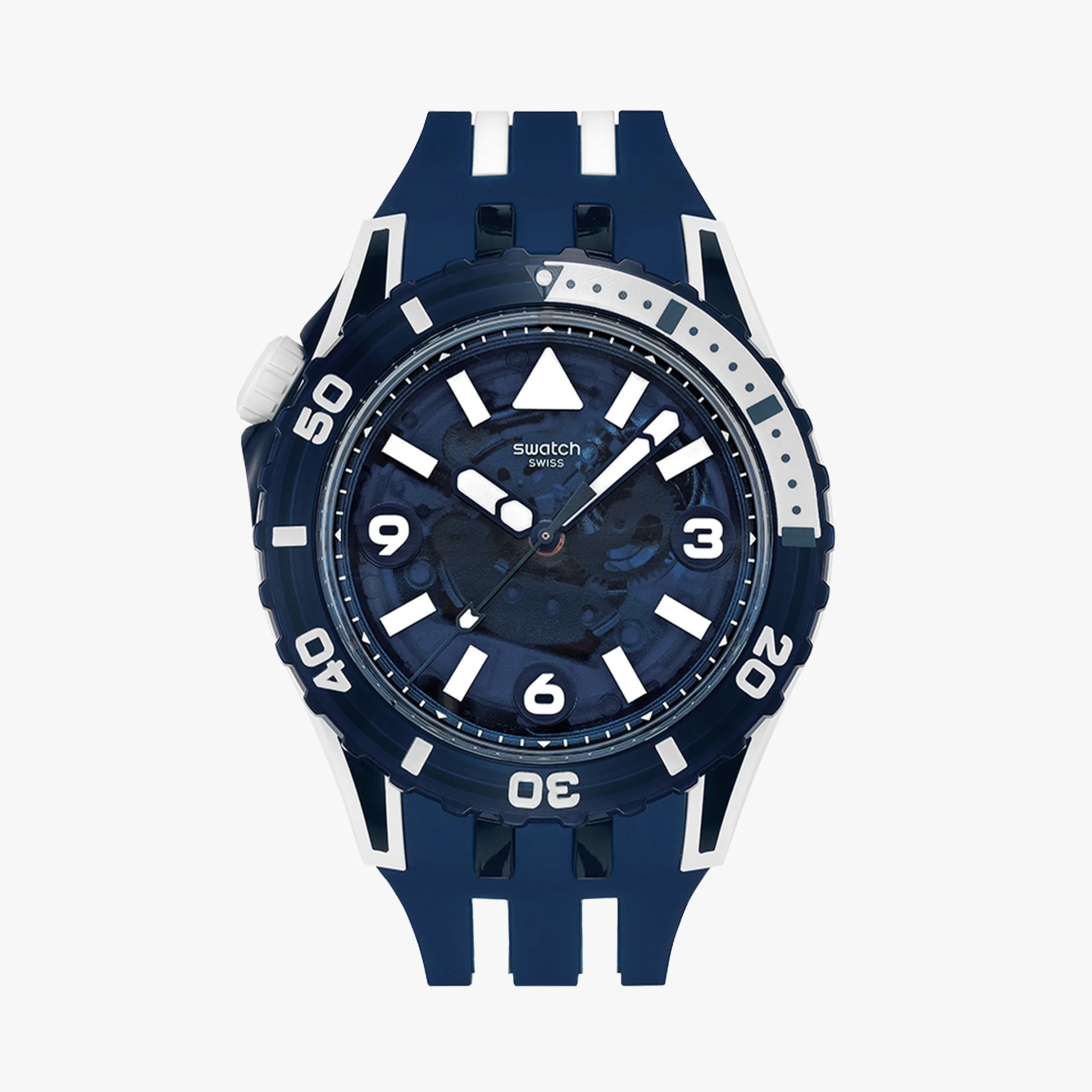 Blue and white Swatch Swiss wristwatch with a textured dial and bold white hour markers.