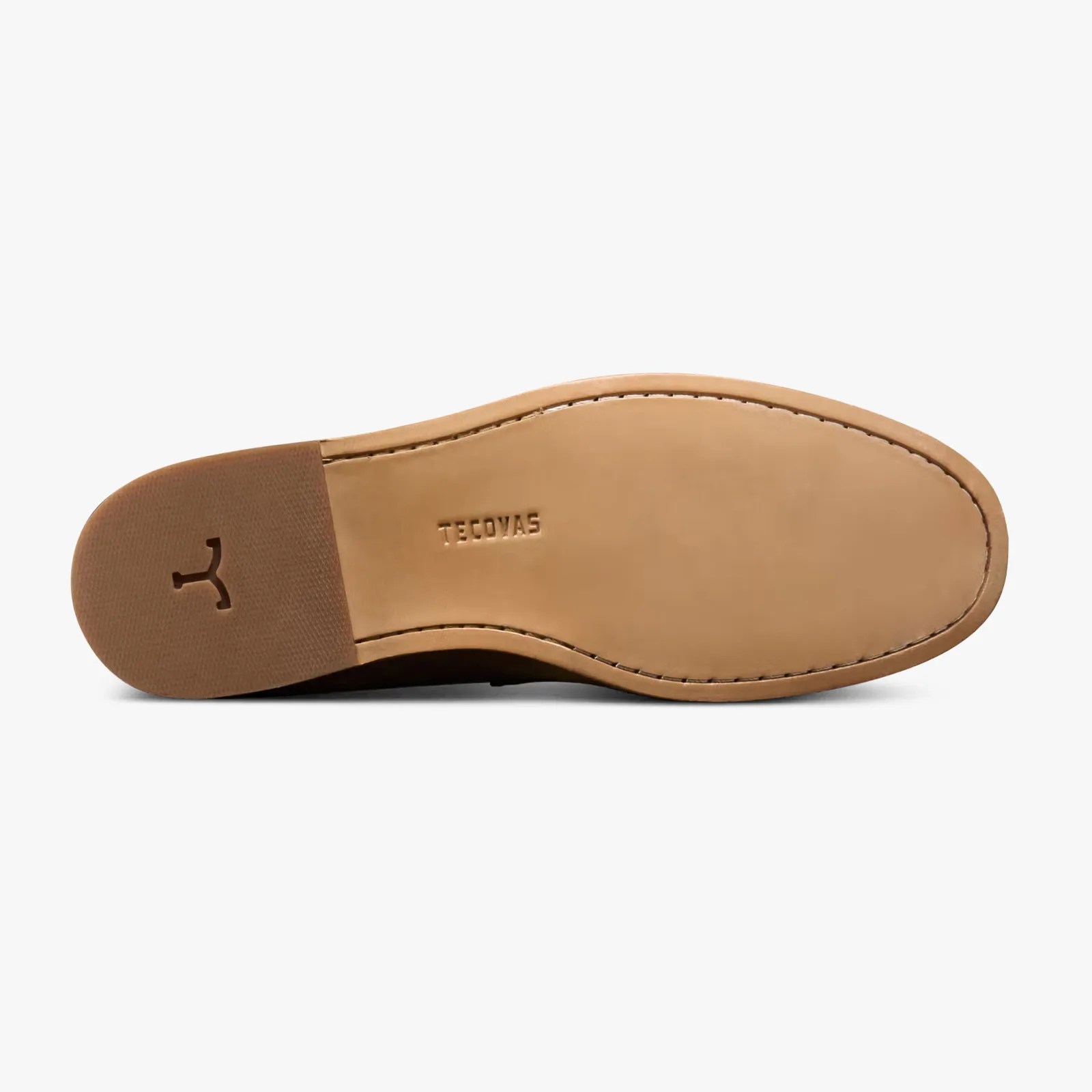 Light brown leather shoe sole with stitched edges and a rubber heel embossed with a logo.