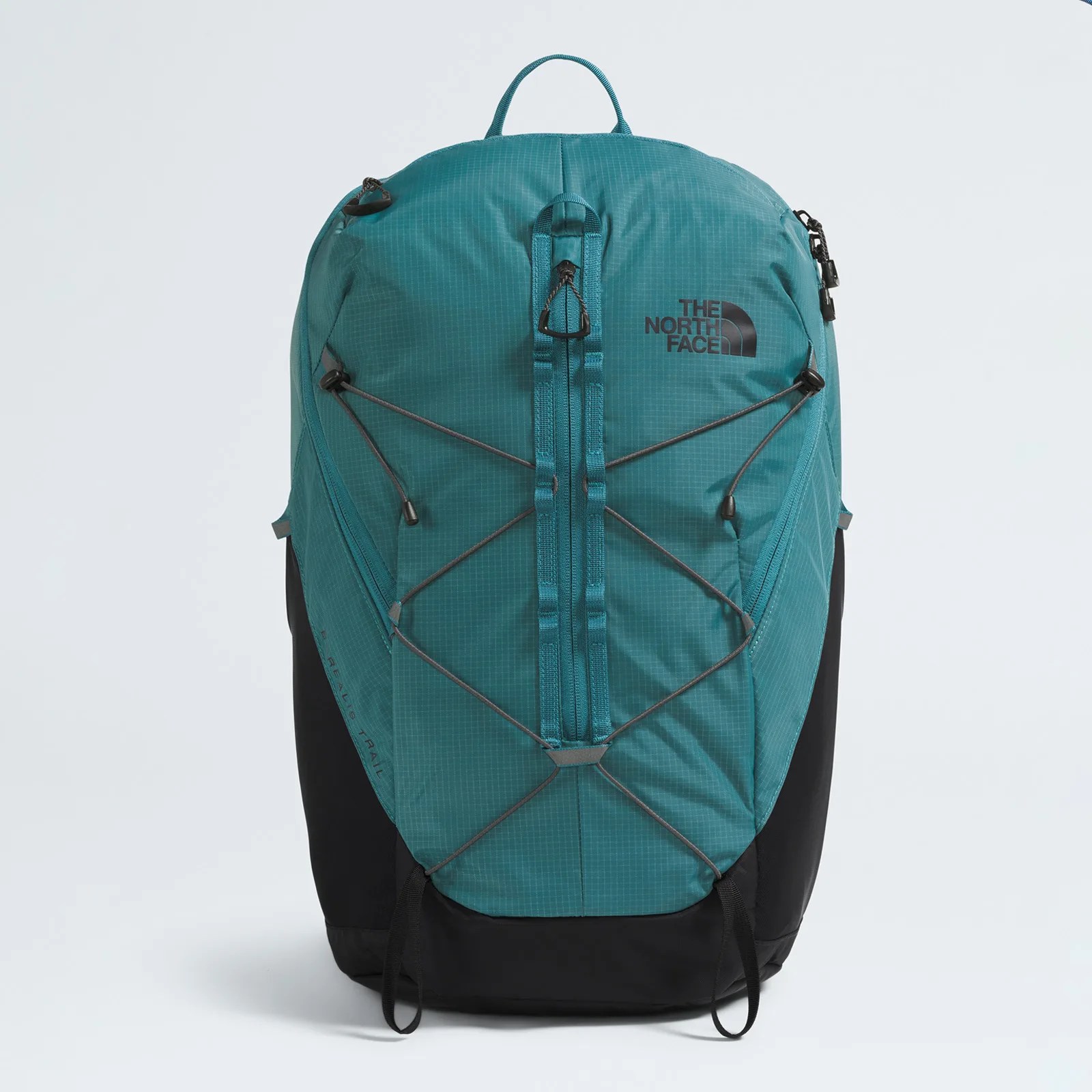 Teal and black The North Face backpack with front bungee cord and top handle.