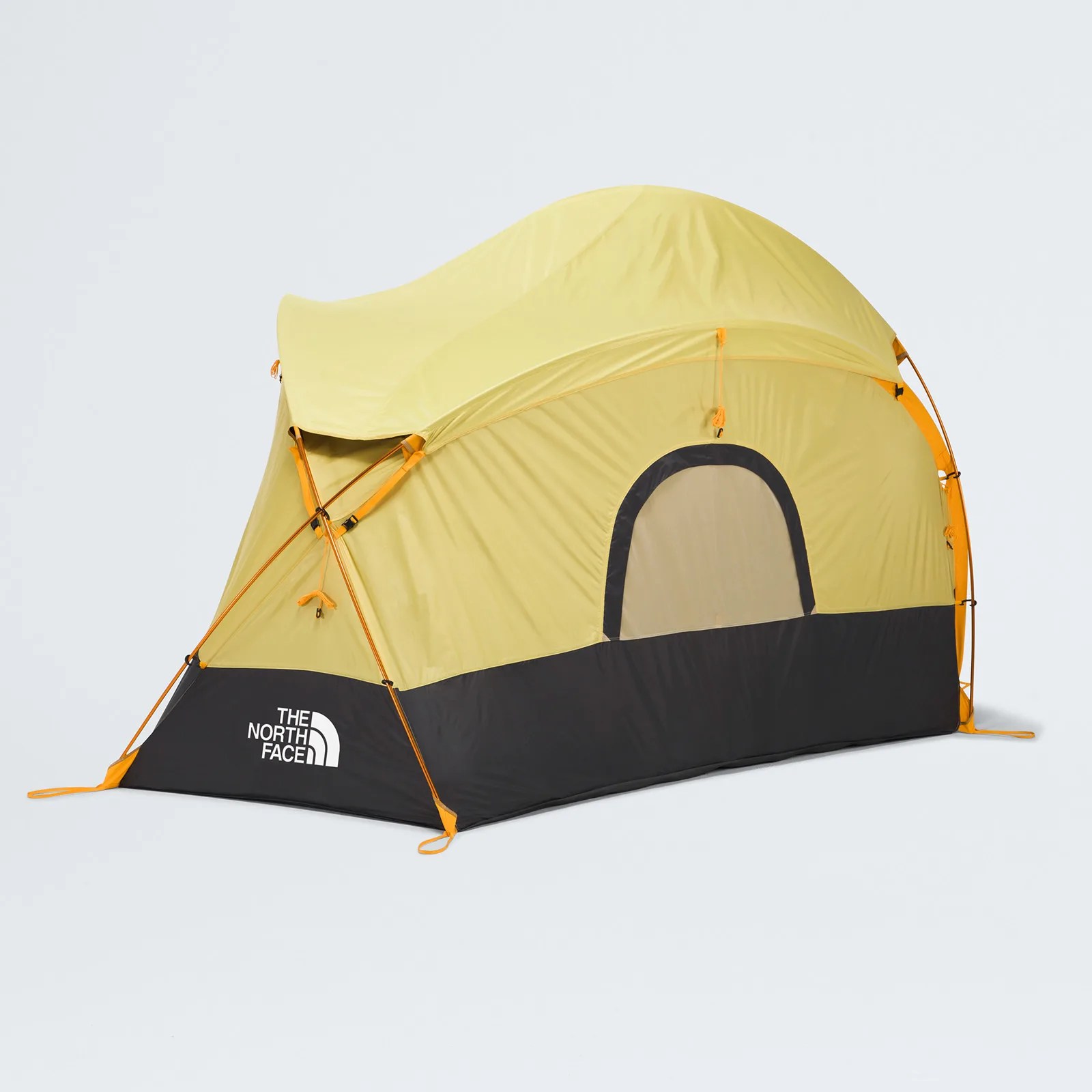 Yellow and black dome-shaped North Face tent with orange poles and a zippered door.
