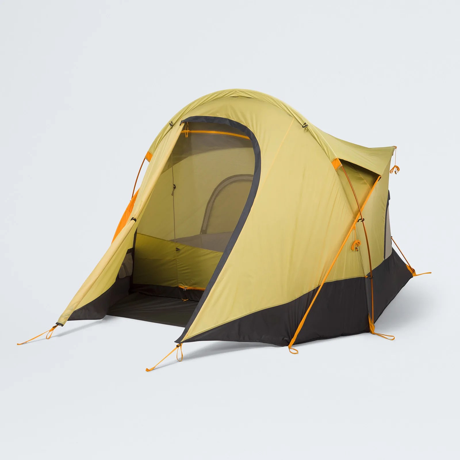 Yellow and black dome tent with orange poles and mesh door on a white background.