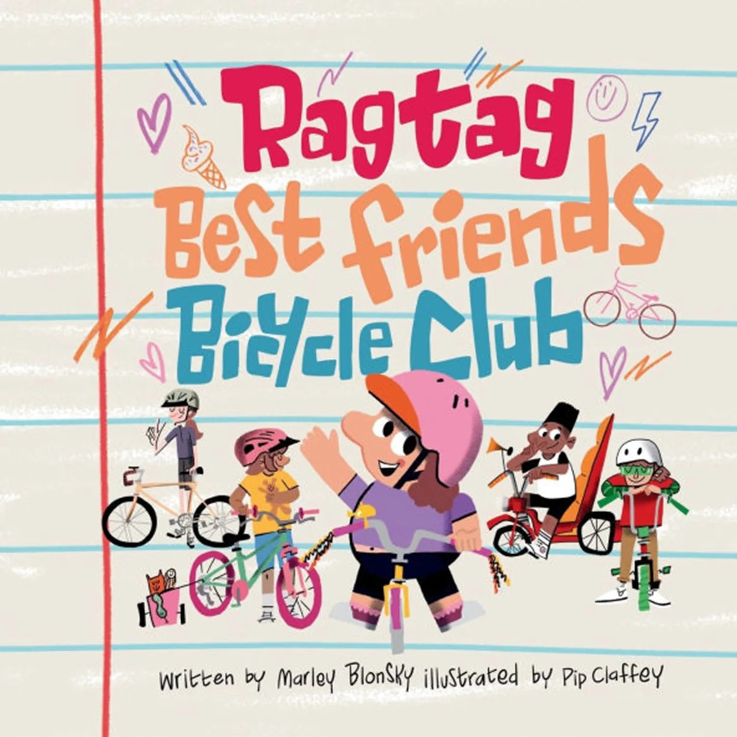 Cover of "Ragtag Best Friends Bicycle Club" book with colorful text and cartoon children riding bicycles on a lined paper background.