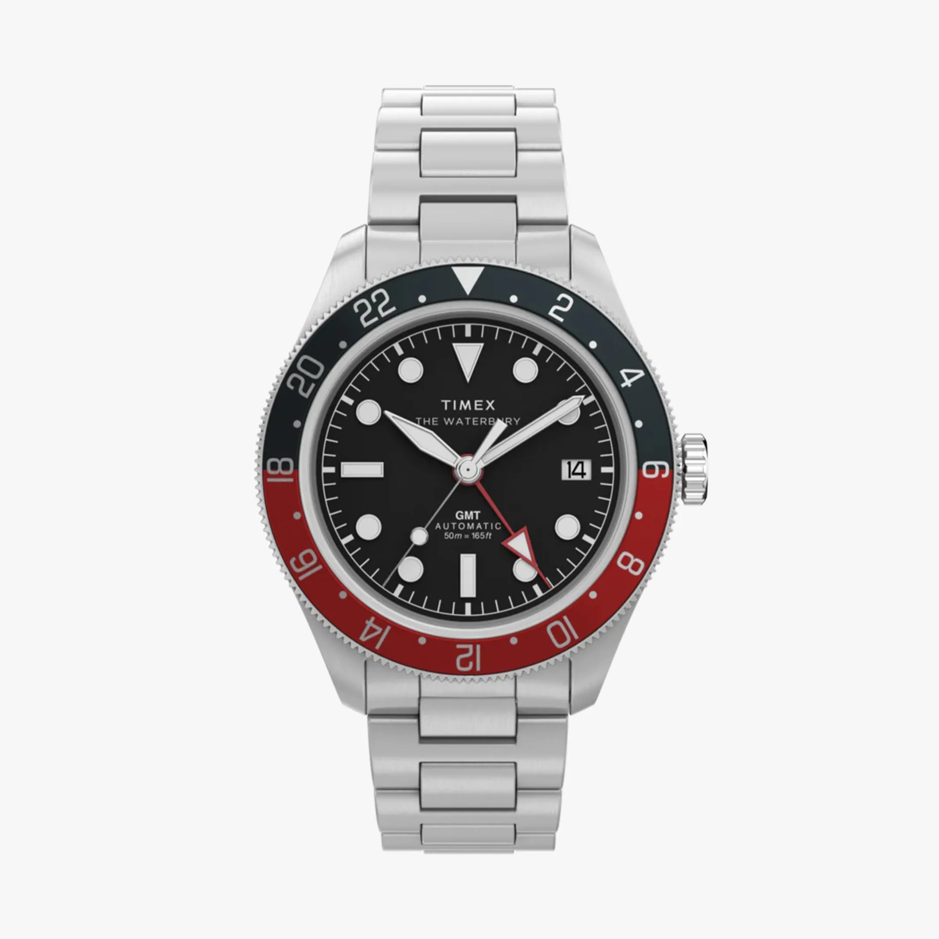 Silver metal bracelet watch with black dial, red and black bezel, and white hour markers and hands.