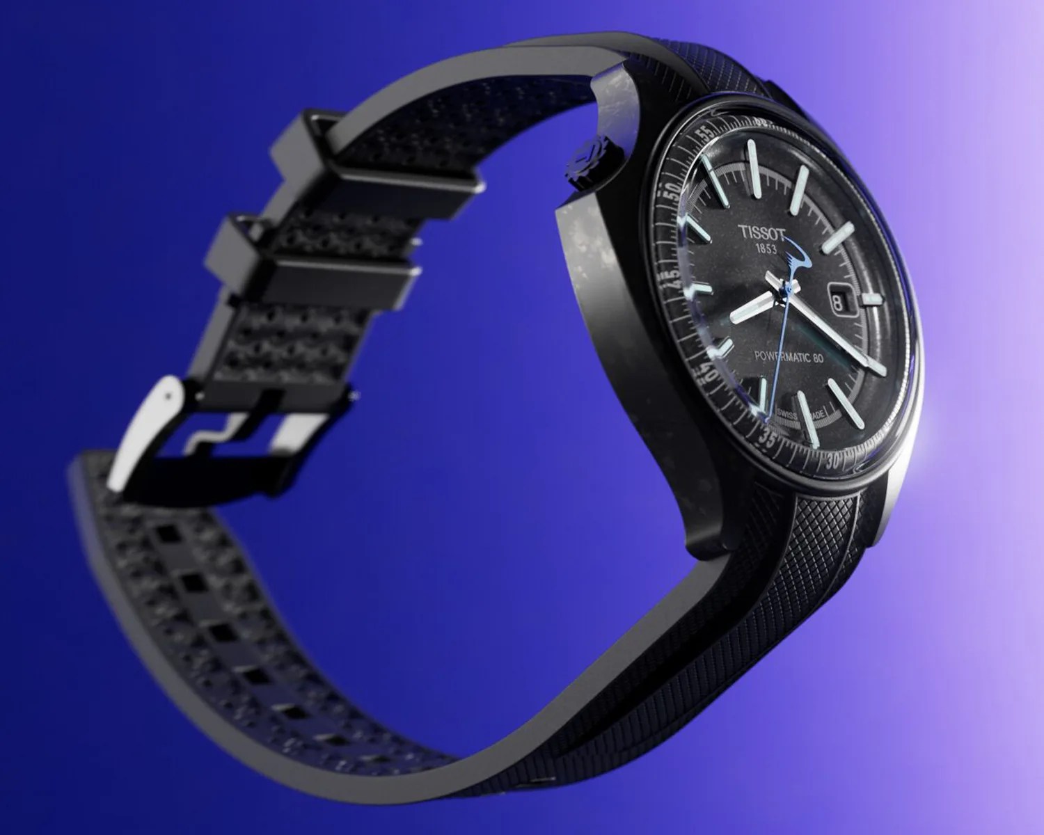 Black Tissot Powermatic 80 wristwatch with textured rubber strap against a blue-purple gradient background.
