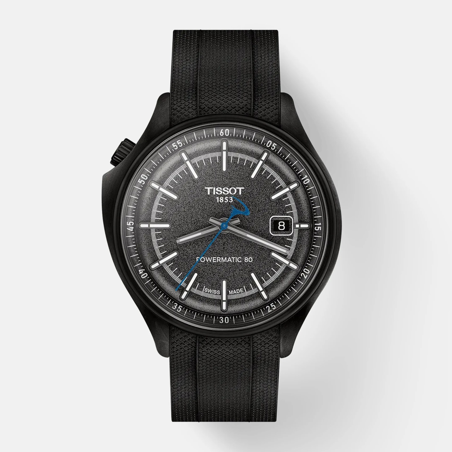 Black Tissot Powermatic 80 wristwatch with textured black dial, white hour markers, blue second hand, and black textured strap.