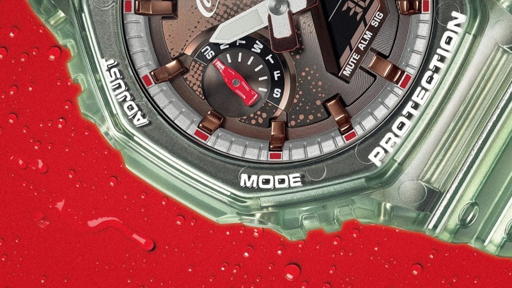 Close-up of a translucent green Casio G-Shock watch face with brown and red accents, showing day indicator and mode buttons, on a red surface with water droplets.
