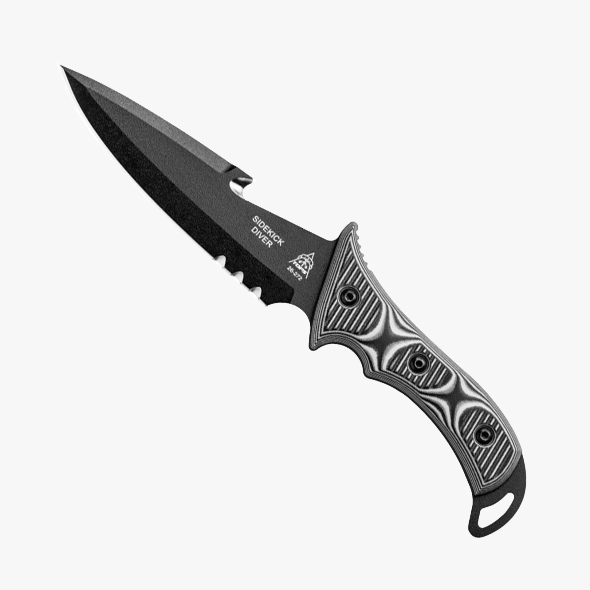 Black serrated dive knife blade with textured gray and black handle and lanyard hole.