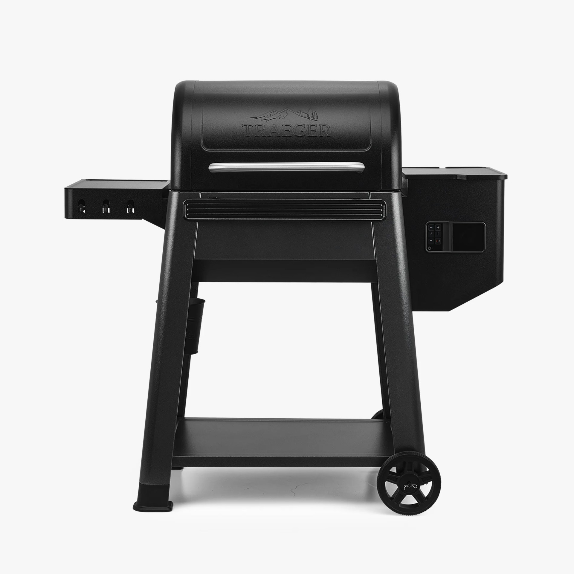 Black Traeger pellet grill with digital control panel, side shelves, and wheels on a white background.