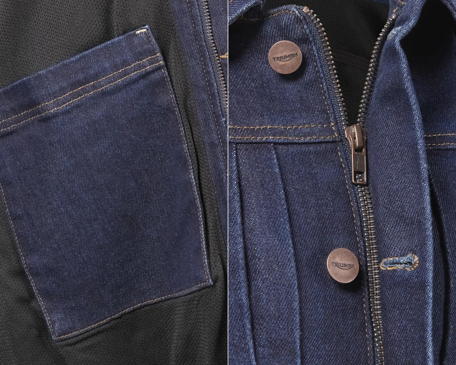Close-up of dark blue denim pocket on black fabric and metal zipper and buttons on dark blue denim jacket.