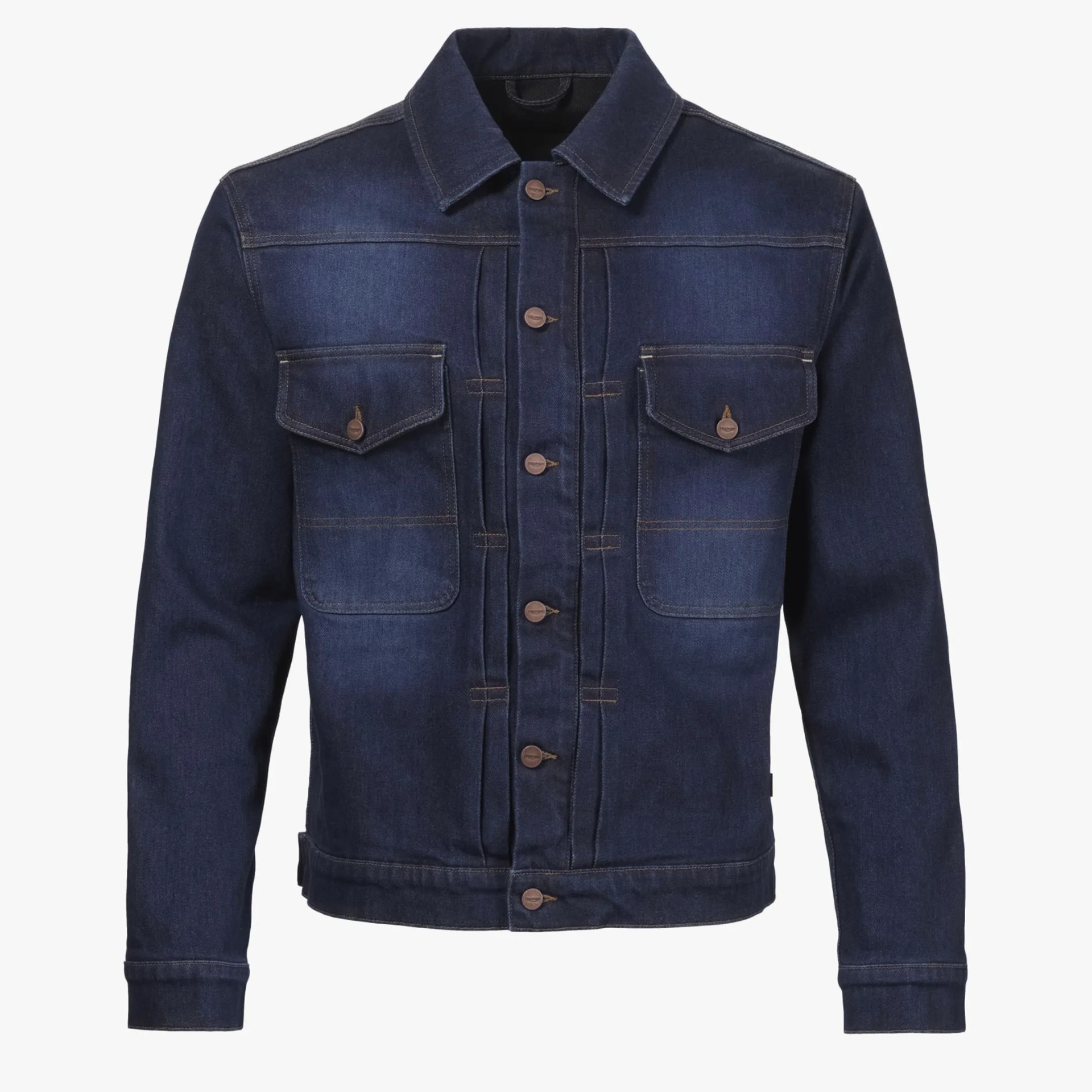 Dark blue denim jacket with button closures and two front flap pockets.