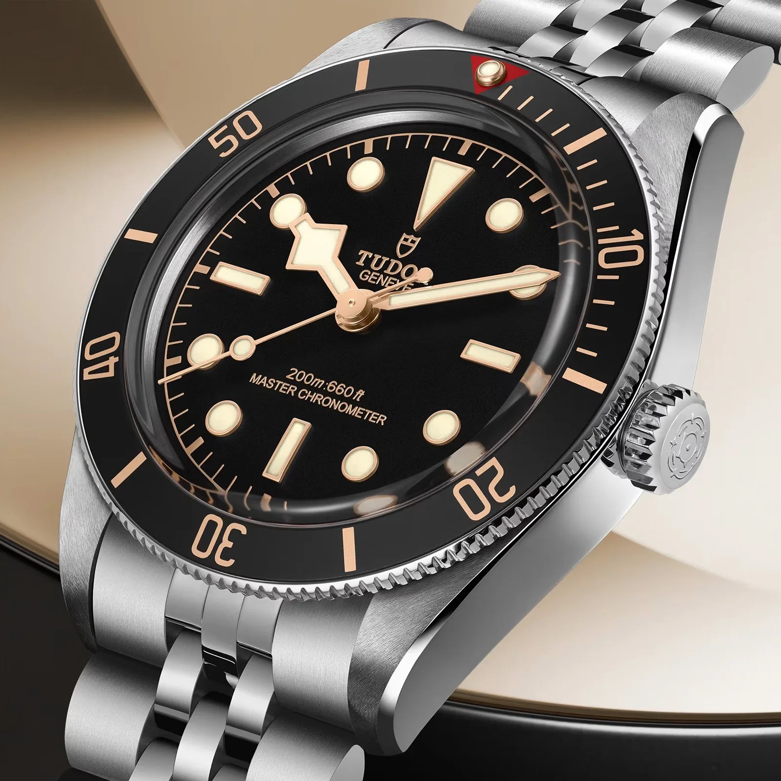 Stainless steel Tudor dive watch with black dial, gold-tone markers, and rotating bezel on a metal bracelet.
