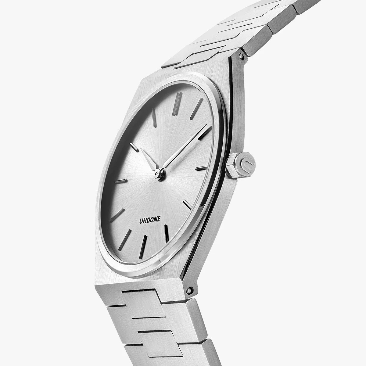Brushed silver stainless steel wristwatch with minimalist dial and metal link bracelet.
