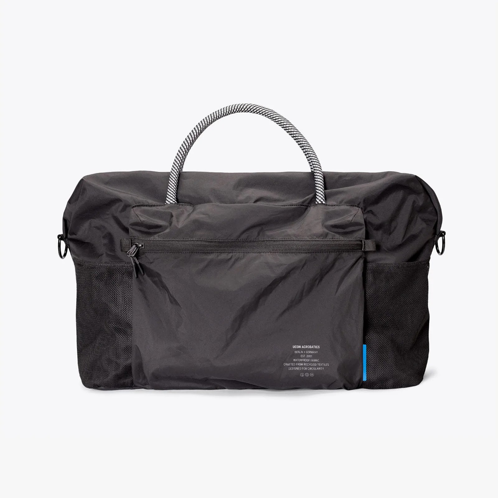 Black waterproof duffel bag with front zippered pocket and striped rope handle.