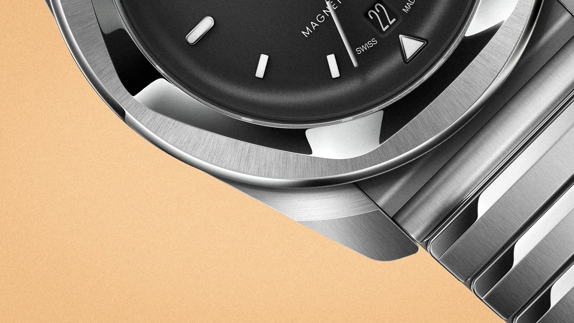 Close-up of a stainless steel wristwatch with a black dial, date display, and metal bracelet on a beige background.