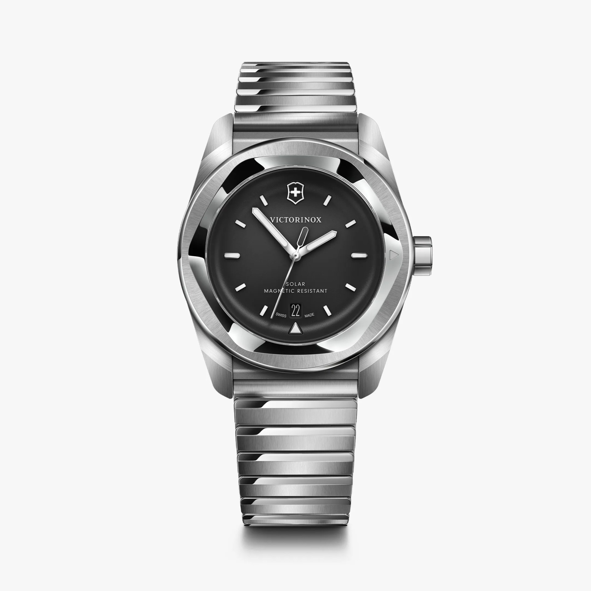 Stainless steel Victorinox wristwatch with black dial, silver hour markers, and metal link bracelet.