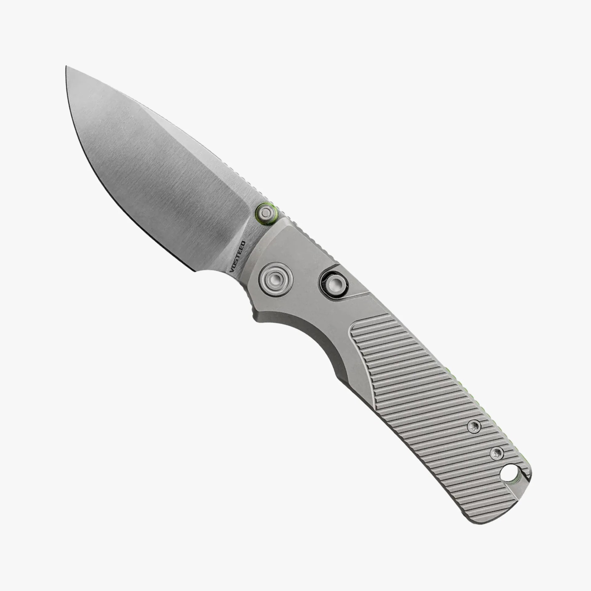 Folding knife with a wide, brushed steel blade and a textured silver handle with a lanyard hole.