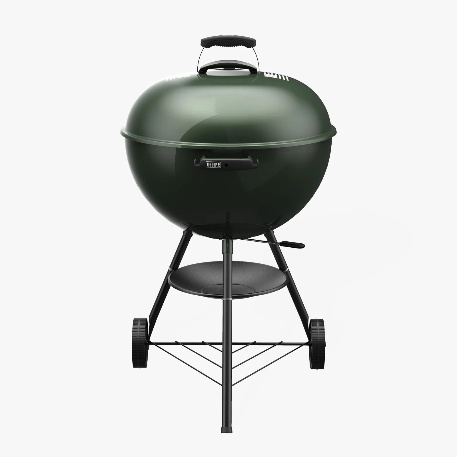 Dark green Weber kettle charcoal grill with black handles and wheels on a white background.