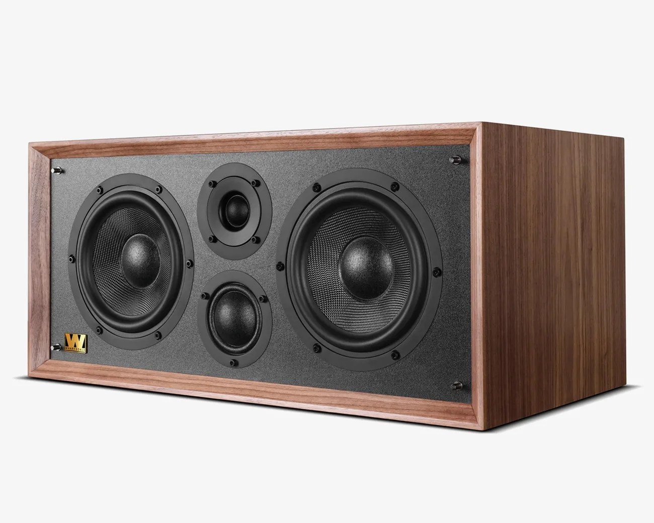 Rectangular wooden speaker with two large black drivers and two smaller black drivers on a gray front panel.
