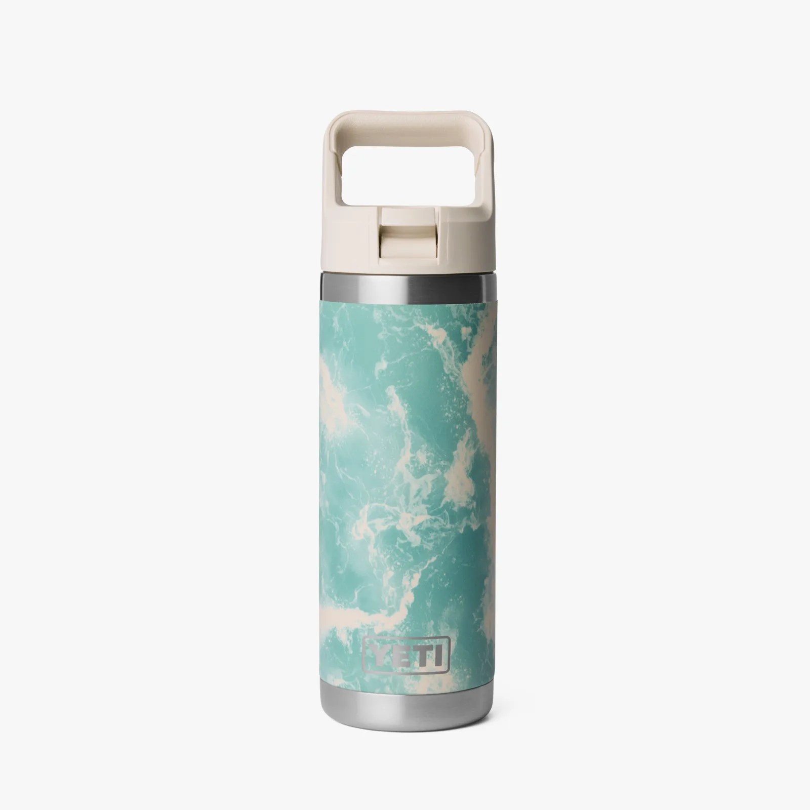 Stainless steel YETI tumbler with turquoise and white marbled pattern and beige handle lid.