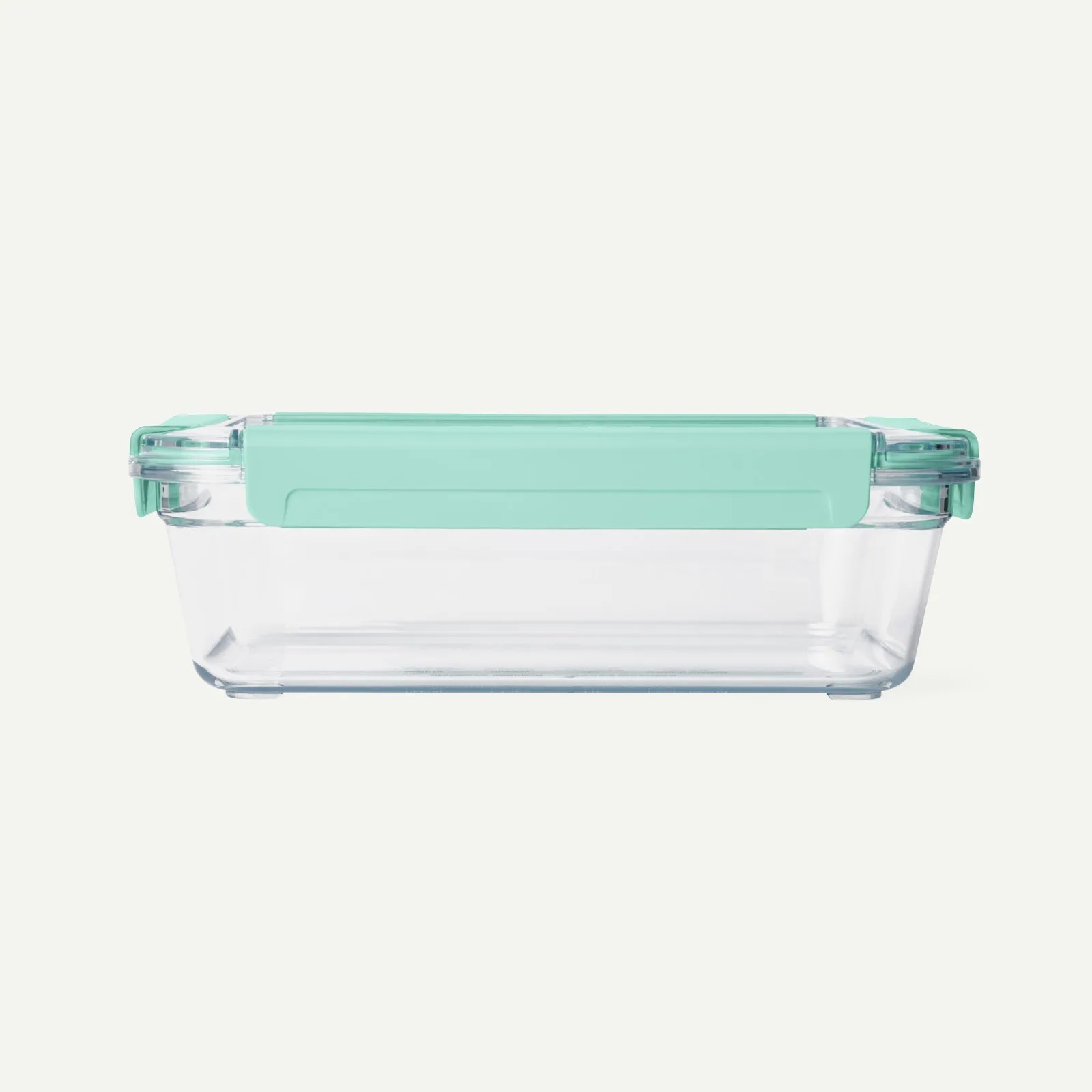 Rectangular clear glass food storage container with a light turquoise snap-lock lid.