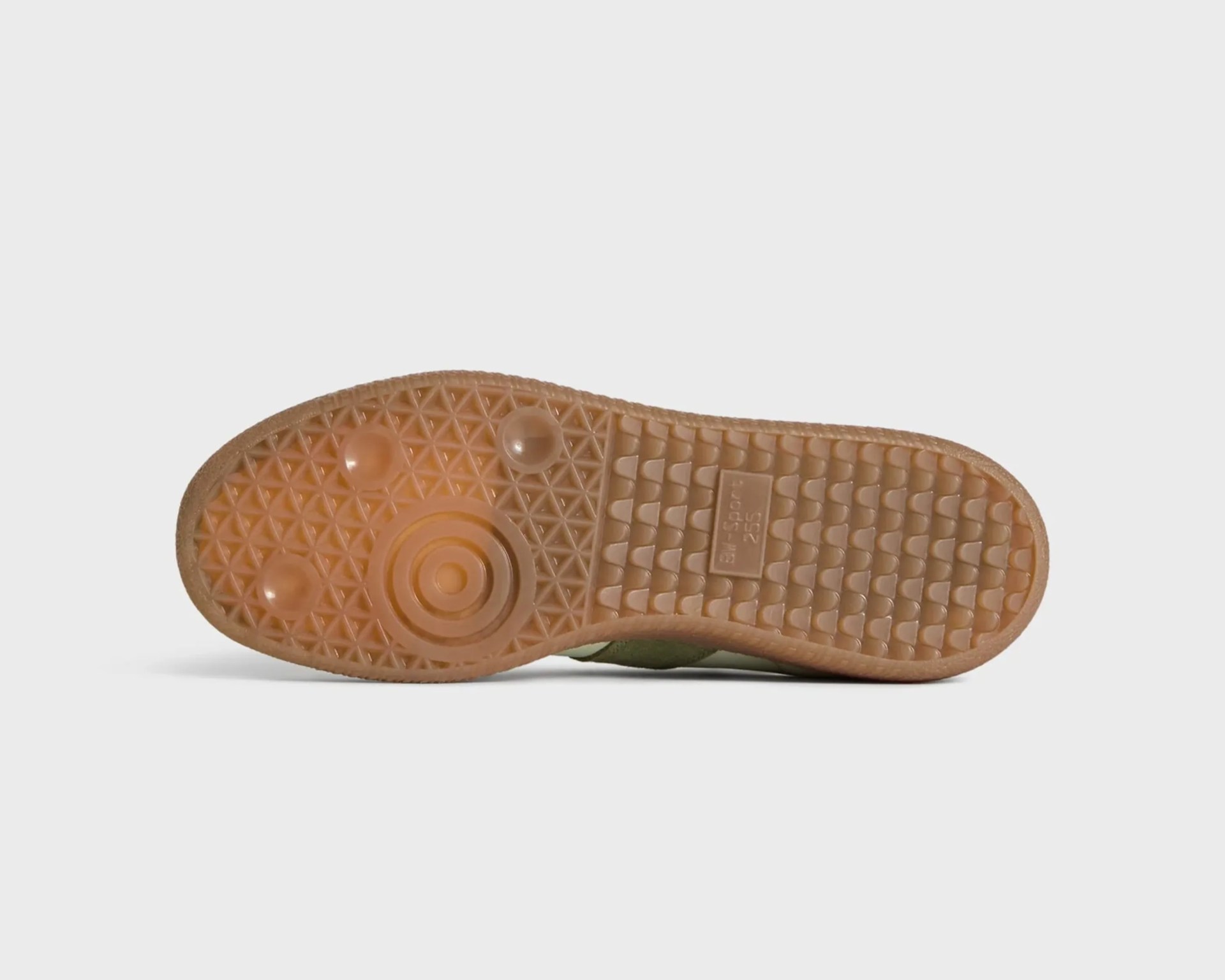 Light brown rubber shoe sole with circular and triangular tread patterns and "BW-Sport 255" text.