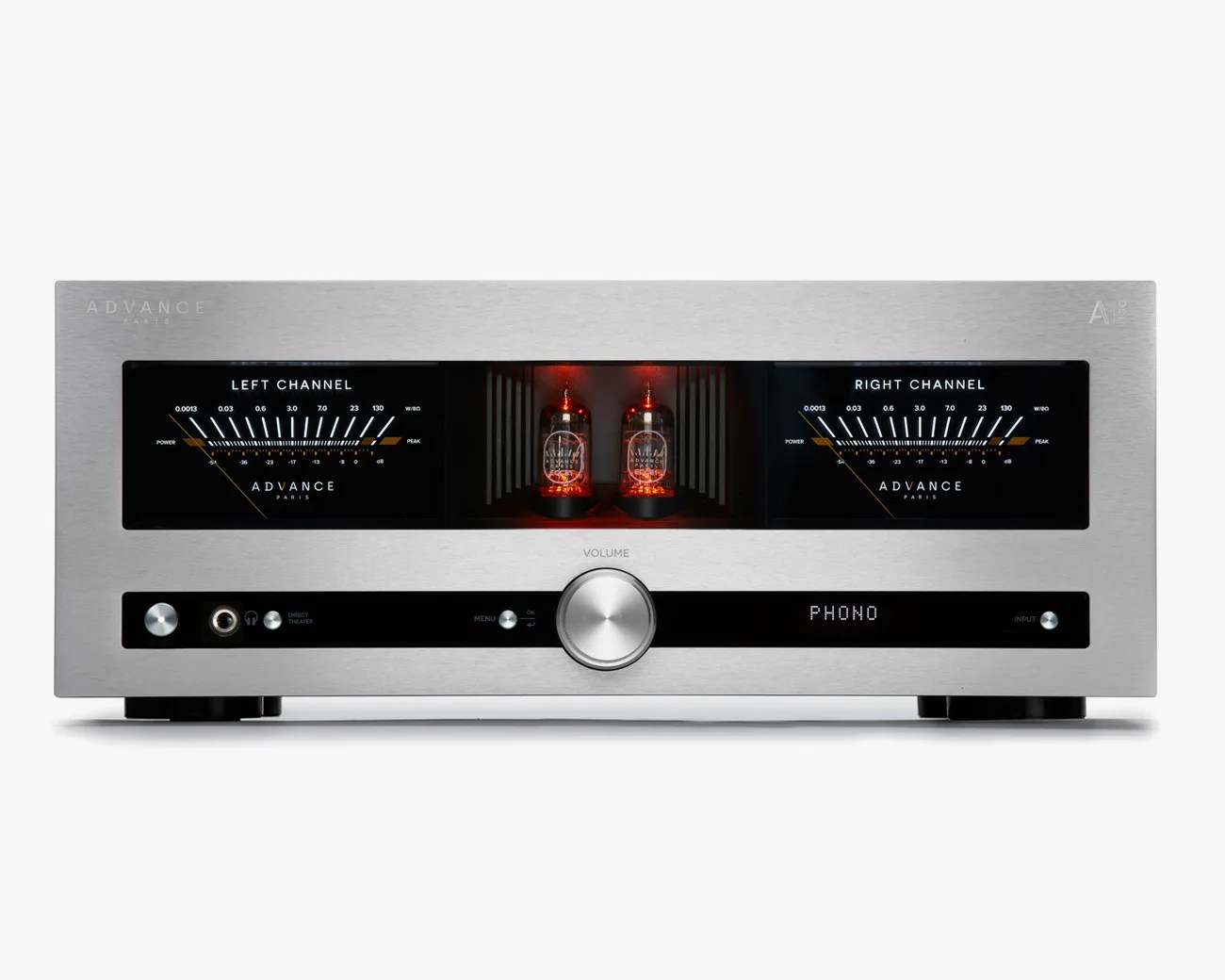 Silver Advance Paris audio amplifier with two glowing vacuum tubes and dual channel meters.